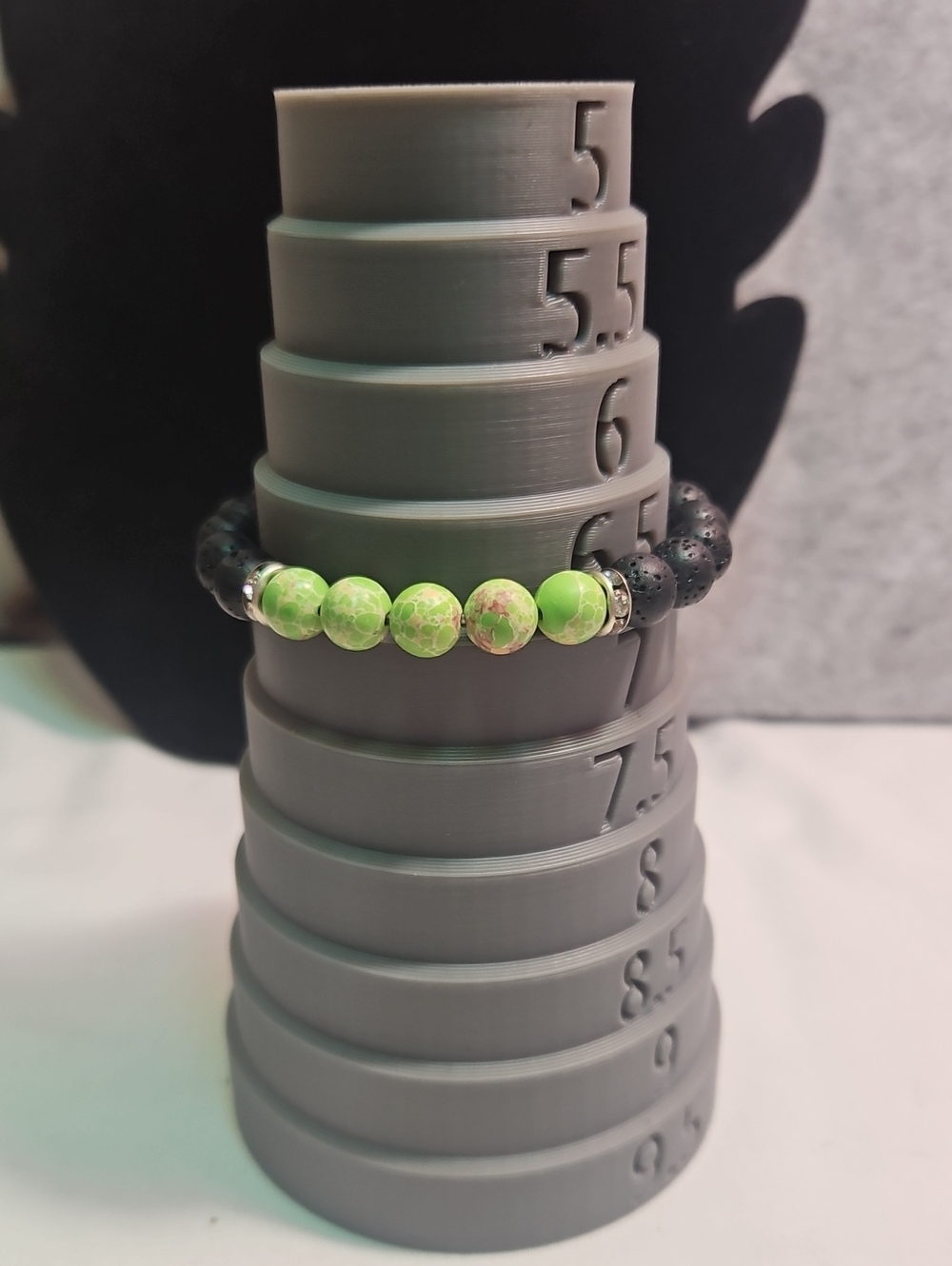 Green Beaded Stretch Bracelet with Black Lava Accents